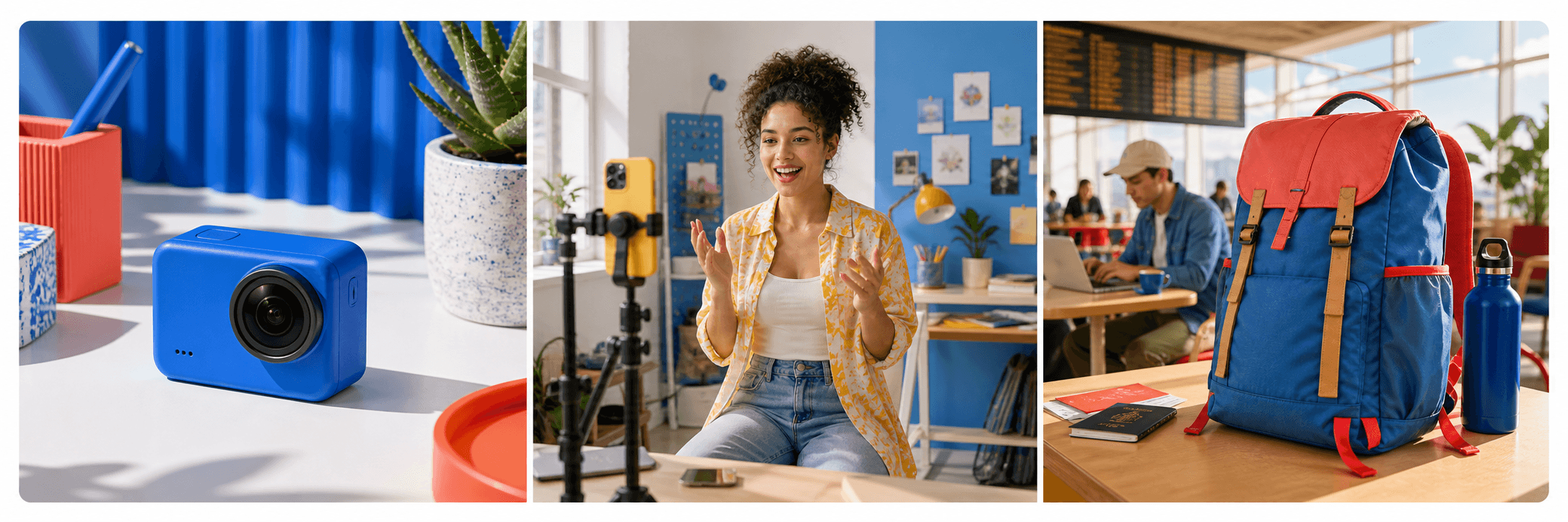 Three colorful video concepts: a product shot, a creator recording, and a travel backpack